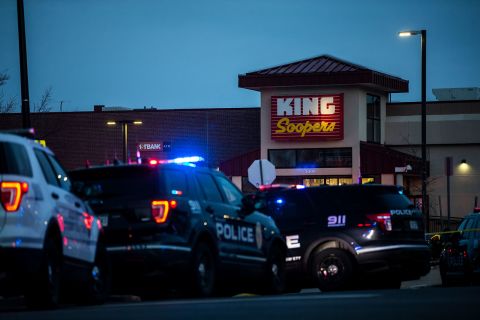 Police respond to the scene of a mass shooting at a King Soopers grocery store in Boulder, Colorado, on March 22. 