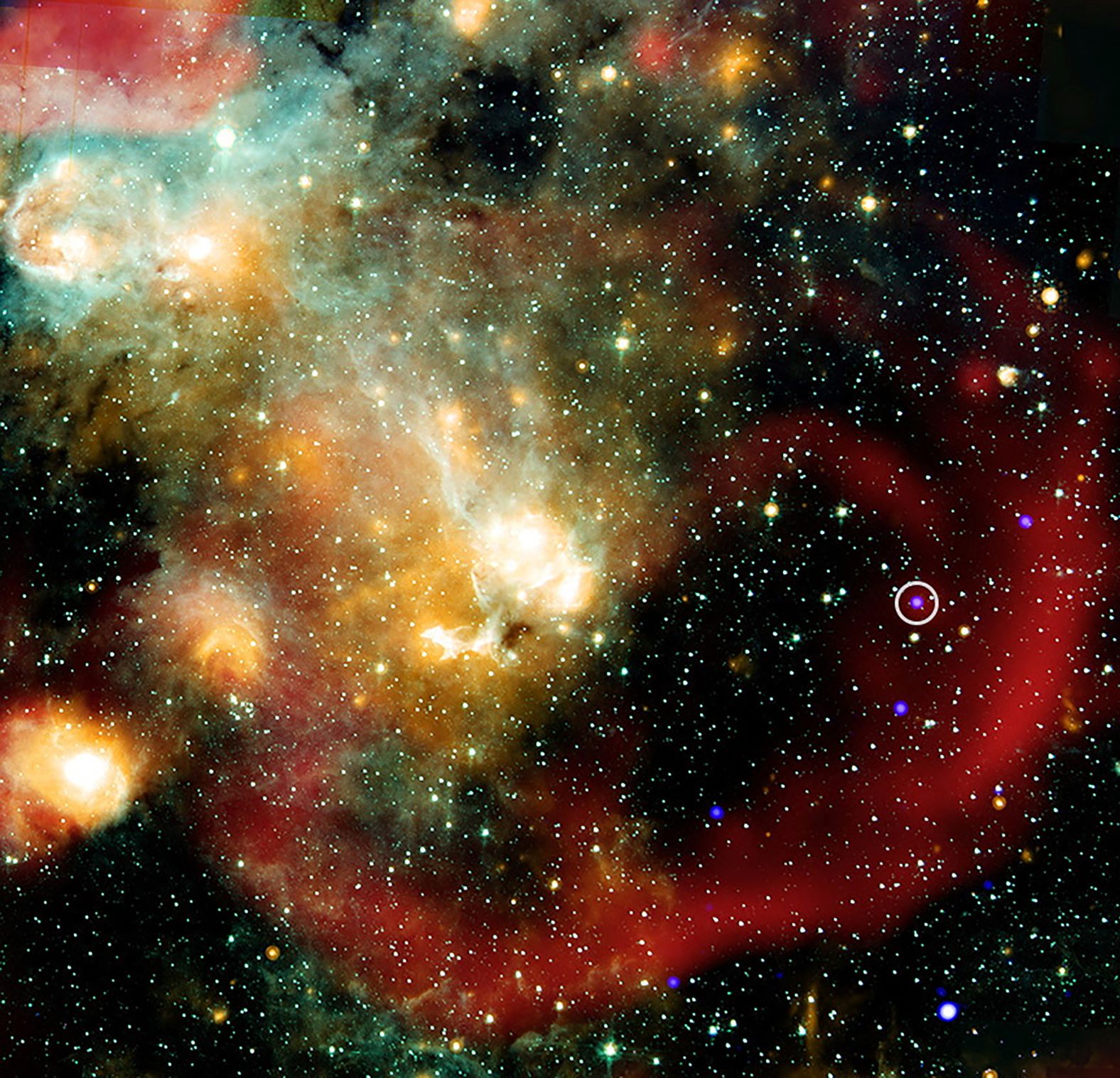 This wide-field composite image shows a newly discovered cosmic object called ASKAP J1832-0911 in X-ray, radio and infrared light. Astronomers say <a href="index.php?page=&url=https%3A%2F%2Fwww.cnn.com%2F2025%2F05%2F28%2Fscience%2Funusual-radio-xray-cosmic-signal">the astonishing celestial object</a>, about 15,000 light-years from Earth, is emitting bright flashes of radio waves and X-rays that last for two minutes and repeat every 44 minutes.