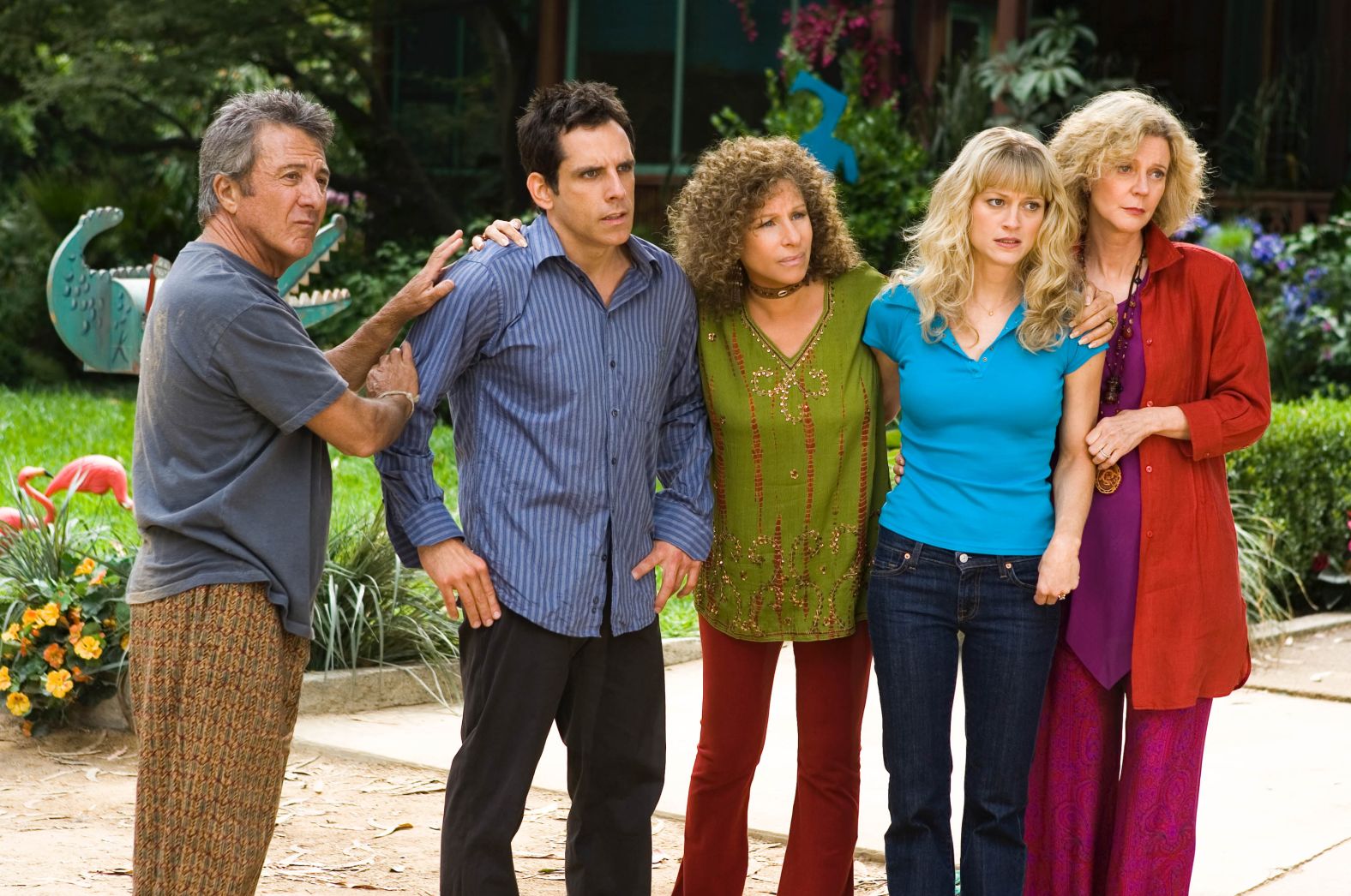 From left, Dustin Hoffman, Ben Stiller, Streisand, Teri Polo and Blythe Danner appear in the 2004 film "Meet the Fockers."