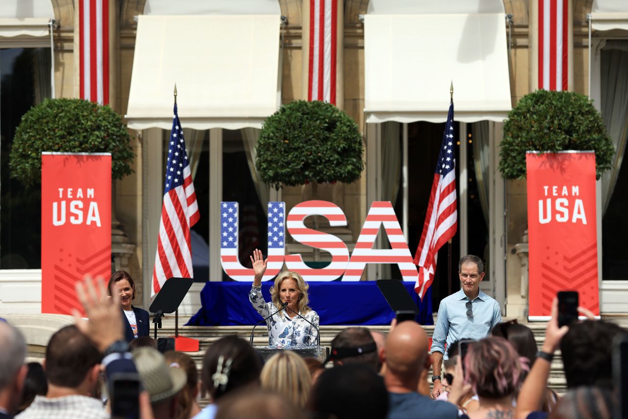 First lady Jill Biden speaks to and meets Team United States Families ahead Of The Paris 2024 Olympic Games on July 25 in Paris.