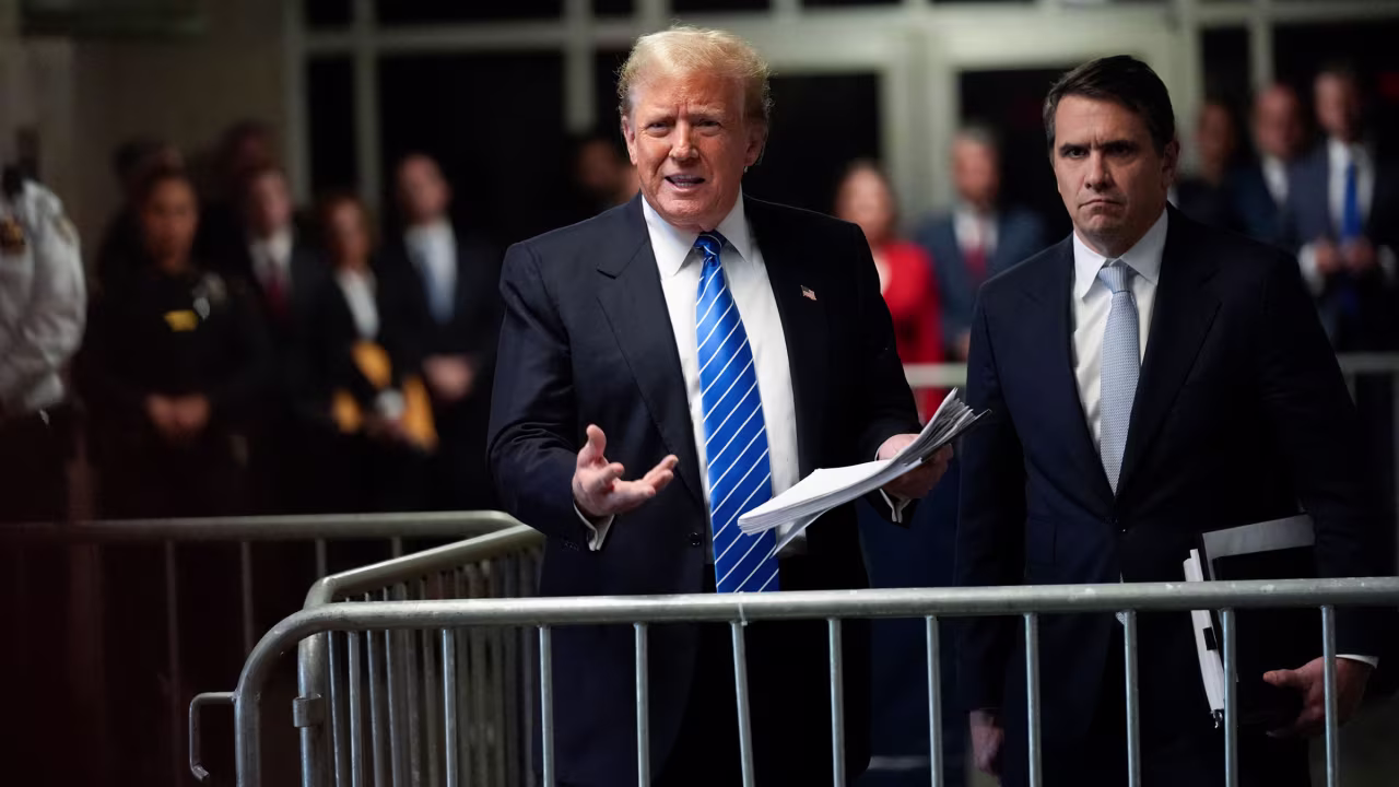 Former President Donald Trump speaks to the press on Monday afternoon.
