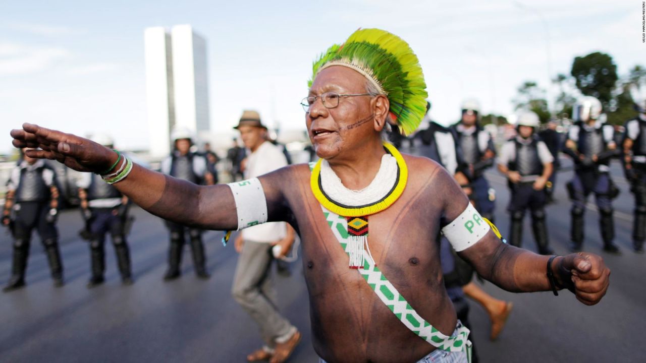 Indigenous leader Paulinho Paiakan of the Kayapo community takes part in a demonstration for indigenous people's rights in Brasilia, Brazil, in April 2017.