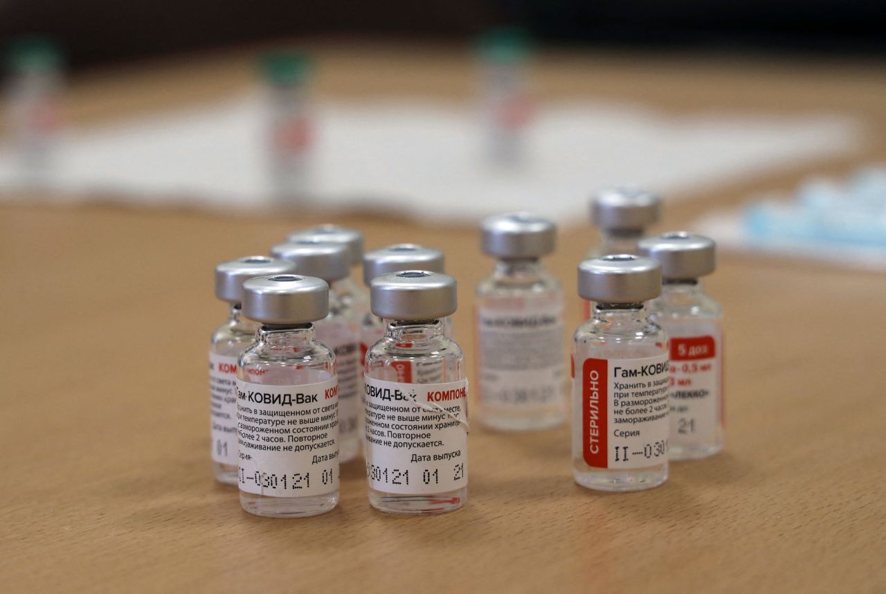 Vials of the Russian Sputnik V COVID-19 vaccine are seen in Gaza City on March 25.