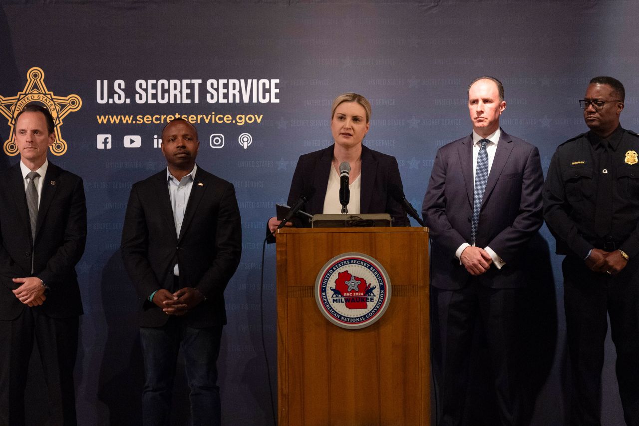 Audrey Gibson-Cicchino, the convention coordinator for the Secret Service, speaks at a news conference in Milwaukee on Sunday 