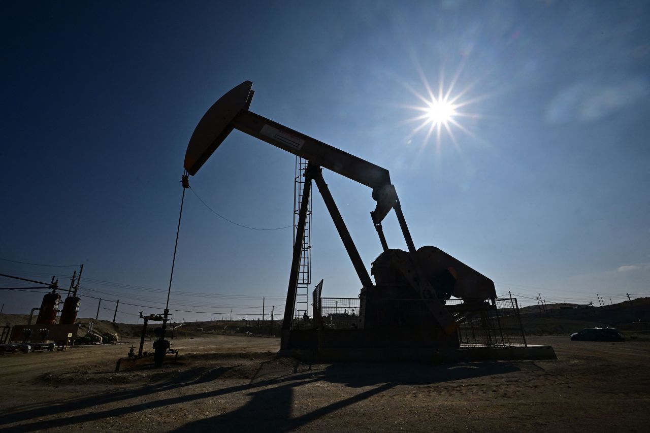 A working oil pumpjack is pictured in Taft, California, on September 21, 2023. 