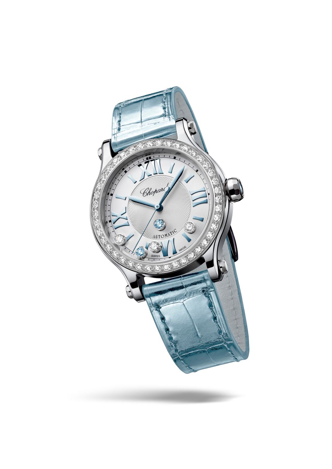 Chopard steel, diamond and aquamarine 33mm Happy Sport, $16,900, chopard.com. Available now.
