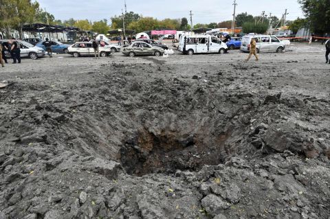 A crater left by a Russian missile strike in Zaporizhzhia, Ukraine, on September 30.