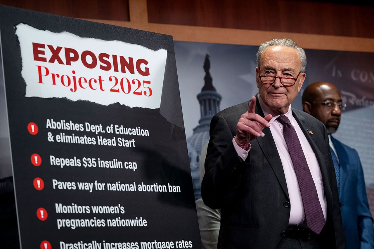 Sen. Chuck Schumer speaks at a news conference on the Project 2025 agenda, on Thursday, September 12, at the Capitol in Washington, DC. 