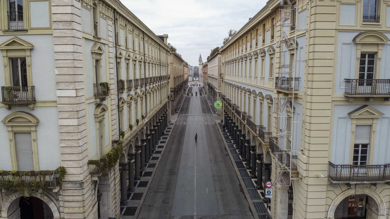 A drone view of a street in Turin, Italy on March 15.