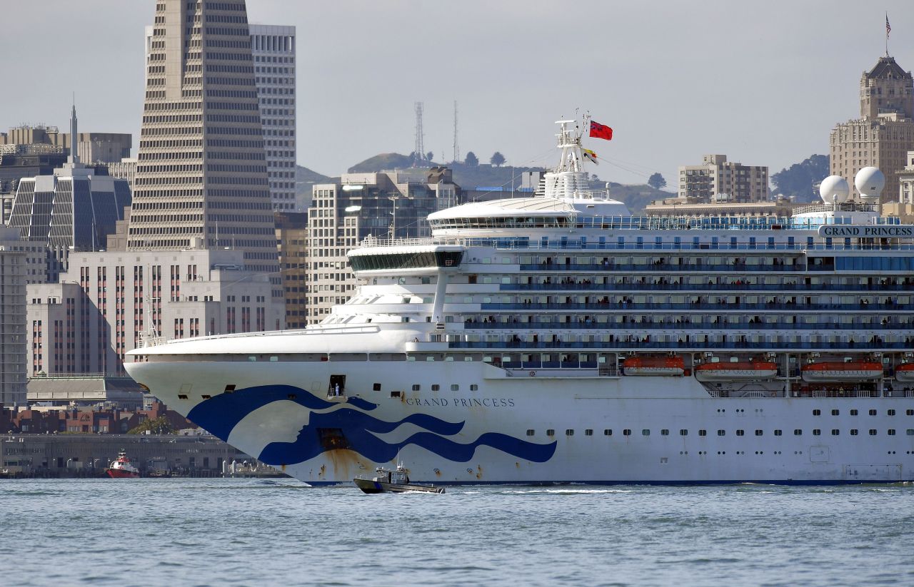 The Grand Princess cruise ship passes San Francisco as it heads towards the Port of Oakland on March 9. 