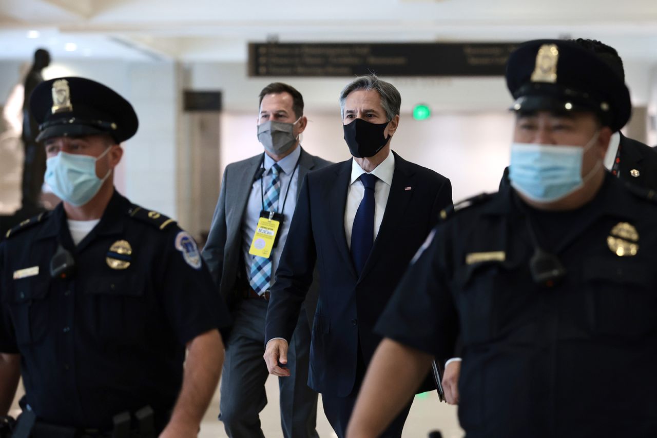 Secretary State Antony Blinken departs from a briefing with the House of Representatives on the situation in Afghanistan at the U.S. Capitol on August 24 in Washington.?