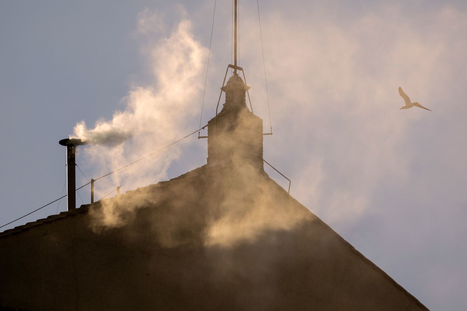 White smoke is released from the chimney of the Vatican’s Sistine Chapel on Thursday, May 8, signaling the election of a new pope.