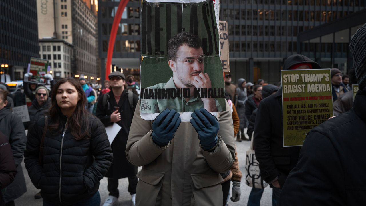 CHICAGO, ILLINOIS - MARCH 11: Activists hold a rally and march through downtown to show support for Mahmoud Khalil on March 11, 2025 in Chicago, Illinois. Khalil, a pro-Palestine activist and recent graduate of Columbia University, was arrested by immigration officers in New York on Saturday and sent to a detention center in Louisiana. According to his lawyer, he is a lawful resident, holding a U.S. green card. (Photo by Scott Olson/Getty Images)