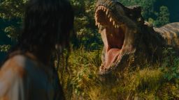 L to R: Luna Blaise and the T-Rex in JURASSIC WORLD REBIRTH, directed by Gareth Edwards