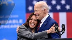 FILE - Vice President Kamala Harris embraces President Joe Biden after a speech on healthcare in Raleigh, N.C., March. 26, 2024. President Joe Biden dropped out of the 2024 race for the White House on Sunday, July 21, ending his bid for reelection following a disastrous debate with Donald Trump that raised doubts about his fitness for office just four months before the election. (AP Photo/Matt Kelley, File)