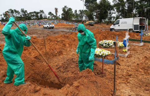 Cemetery workers dig graves for suspected victims of the COVID-19 pandemic at the Nossa Senhora cemetery in Manaus, Brazil, on May 6. 