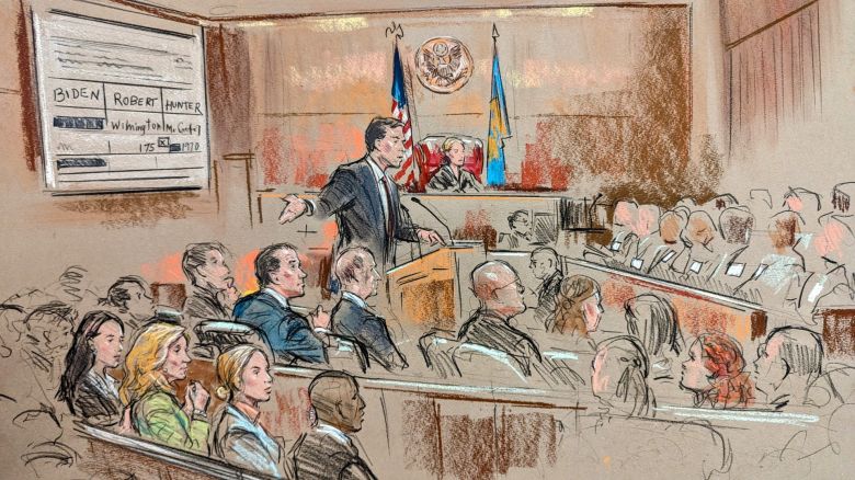 This sketch from court shows the scene inside the courtroom where Hunter Biden's trial is underway. 