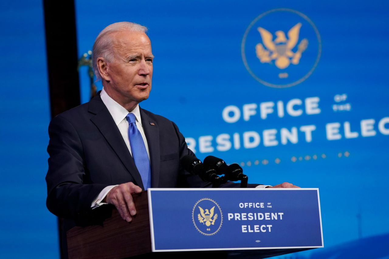 President-elect Joe Biden speaks on December 14 at The Queen theater in Wilmington, Delaware. 