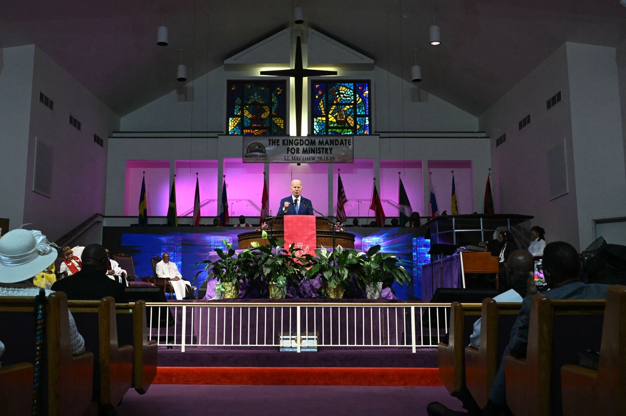 President Joe Biden speaks during a church service and campaign event at Mount Airy Church of God in Christ in Philadelphia on July 7.