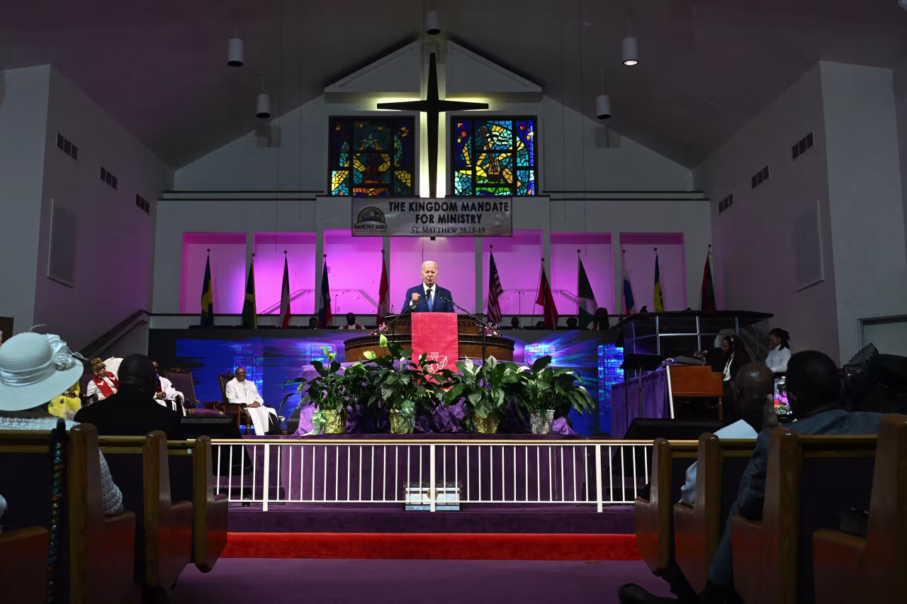 President Joe Biden speaks during a church service and campaign event at Mount Airy Church of God in Christ in Philadelphia on July 7.