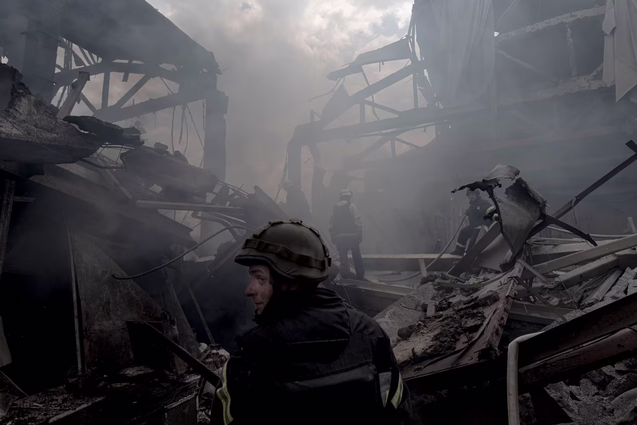 The aftermath of a Russian air strike at a factory in Bakhmut, in the Donbas region of Ukraine on Friday May 27.