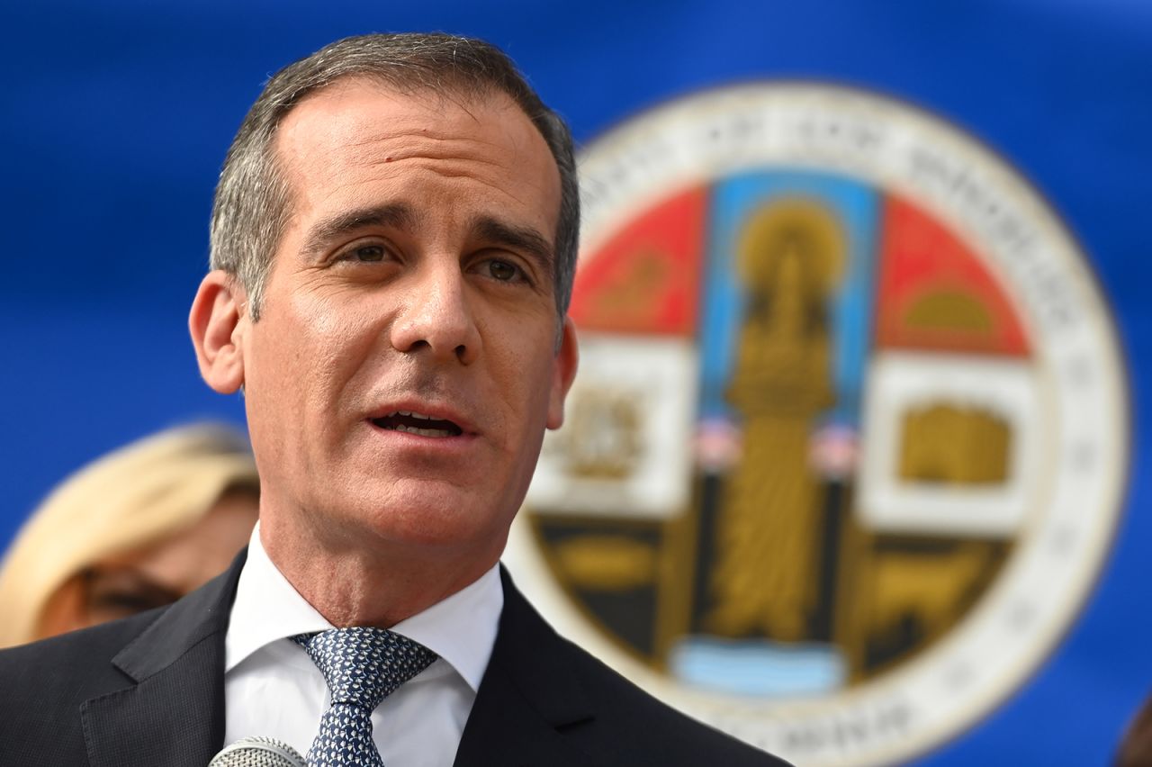 Los Angeles Mayor Eric Garcetti speaks at a Los Angeles County Health Department news conference on Covid-19 on March 4, in Los Angeles.