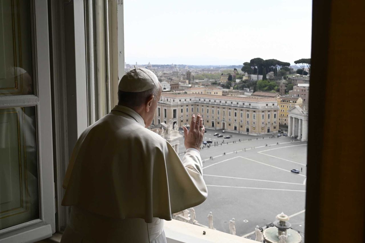 Pope Francis delivers a blessing over St. Peter's Square at the Vatican on April 13.