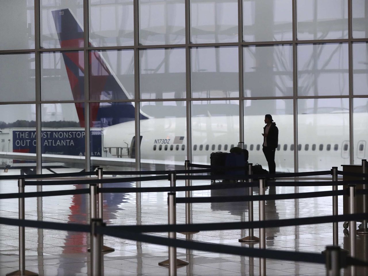 A Delta airplane sits at the International Terminal at Hartsfield Jackson International Airport in Atlanta on March 16.