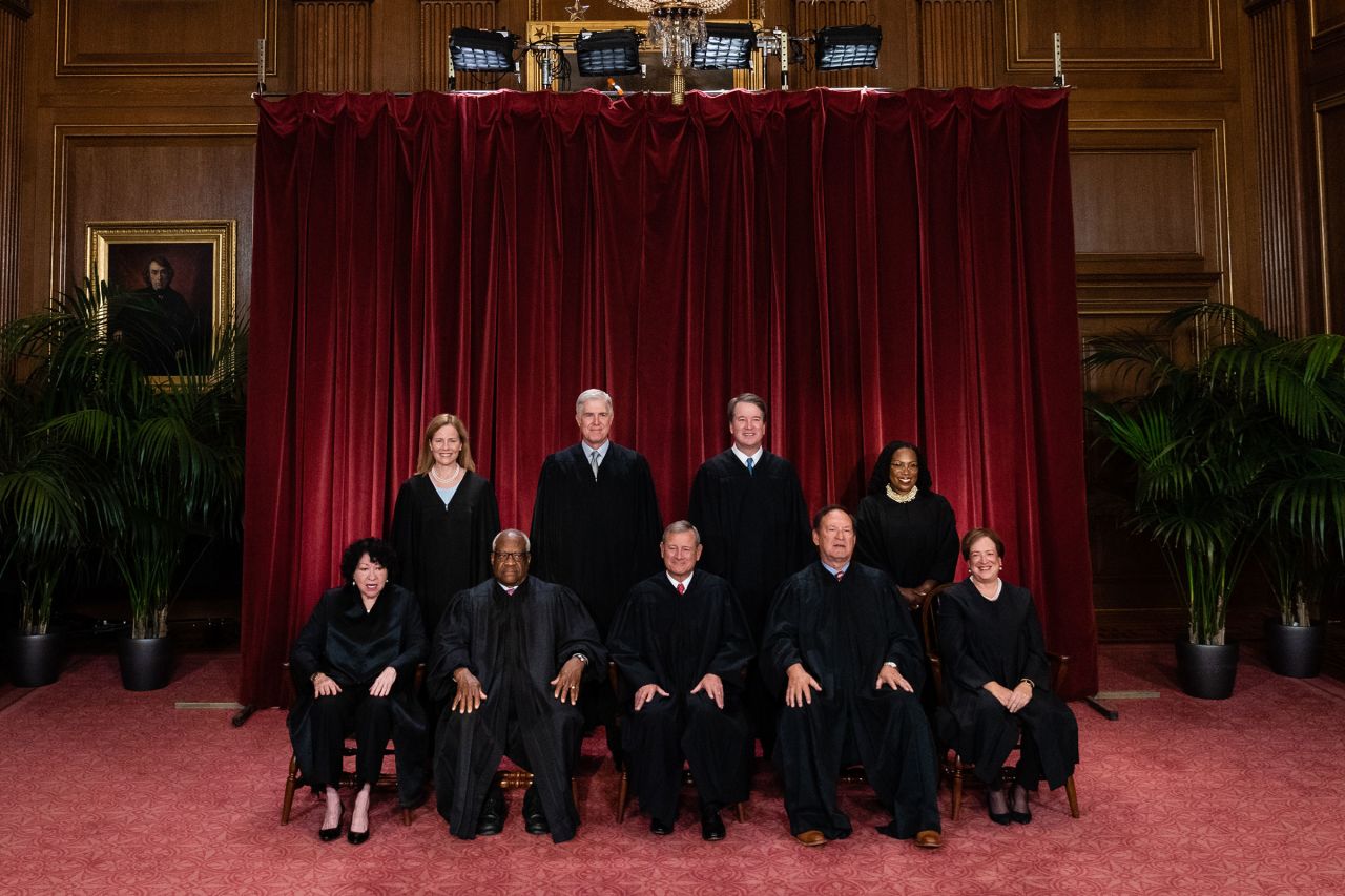 Justices of the US Supreme Court during a formal group photograph at the Supreme Court in Washington, DC, in October 2022.