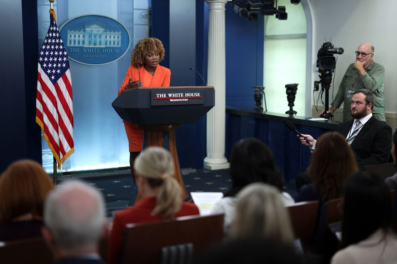 White House Press Secretary Karine Jean-Pierre speaks during a daily White House Press Briefing at the Jame S. Brady Press Briefing Room of the White House on July 30, in Washington, DC.