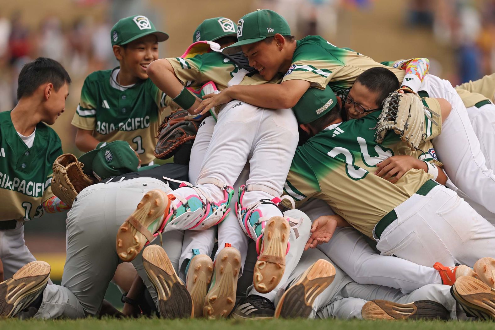 Baseball players from Taoyuan City, Taiwan, celebrate after <a href="index.php?page=&url=https%3A%2F%2Fwww.cnn.com%2F2025%2F08%2F24%2Fsport%2Fbaseball-llws-taiwan-wins">winning the Little League World Series</a> on Sunday, August 24. It was the first time in 29 years that a team from Taiwan has won the title.