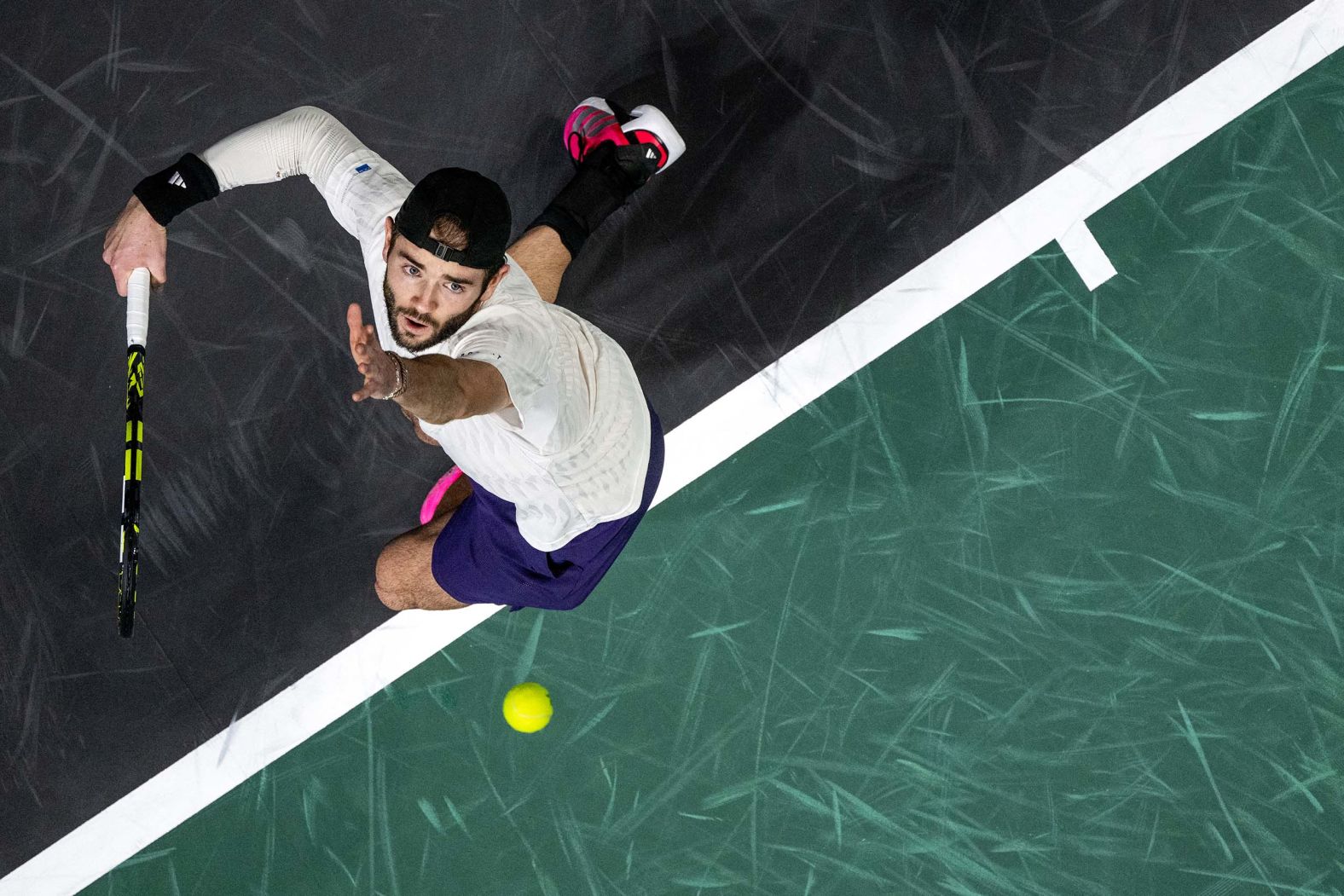 Jacob Fearnley serves during a match at the Paris Masters on Monday, October 27.