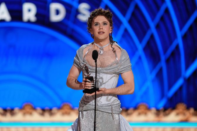 Cole Escola accepts the Tony Award for best performance by an actor in a leading role in a play on Sunday, June 8. Escola starred in “Oh, Mary!” and is the first nonbinary actor to win a lead acting Tony Award. <a  target="_top" href="/newspapers?url=https://www.cnn.com/2025/06/08/entertainment/gallery/best-photos-tony-awards-2025">See more photos from the Tony Awards</a>.