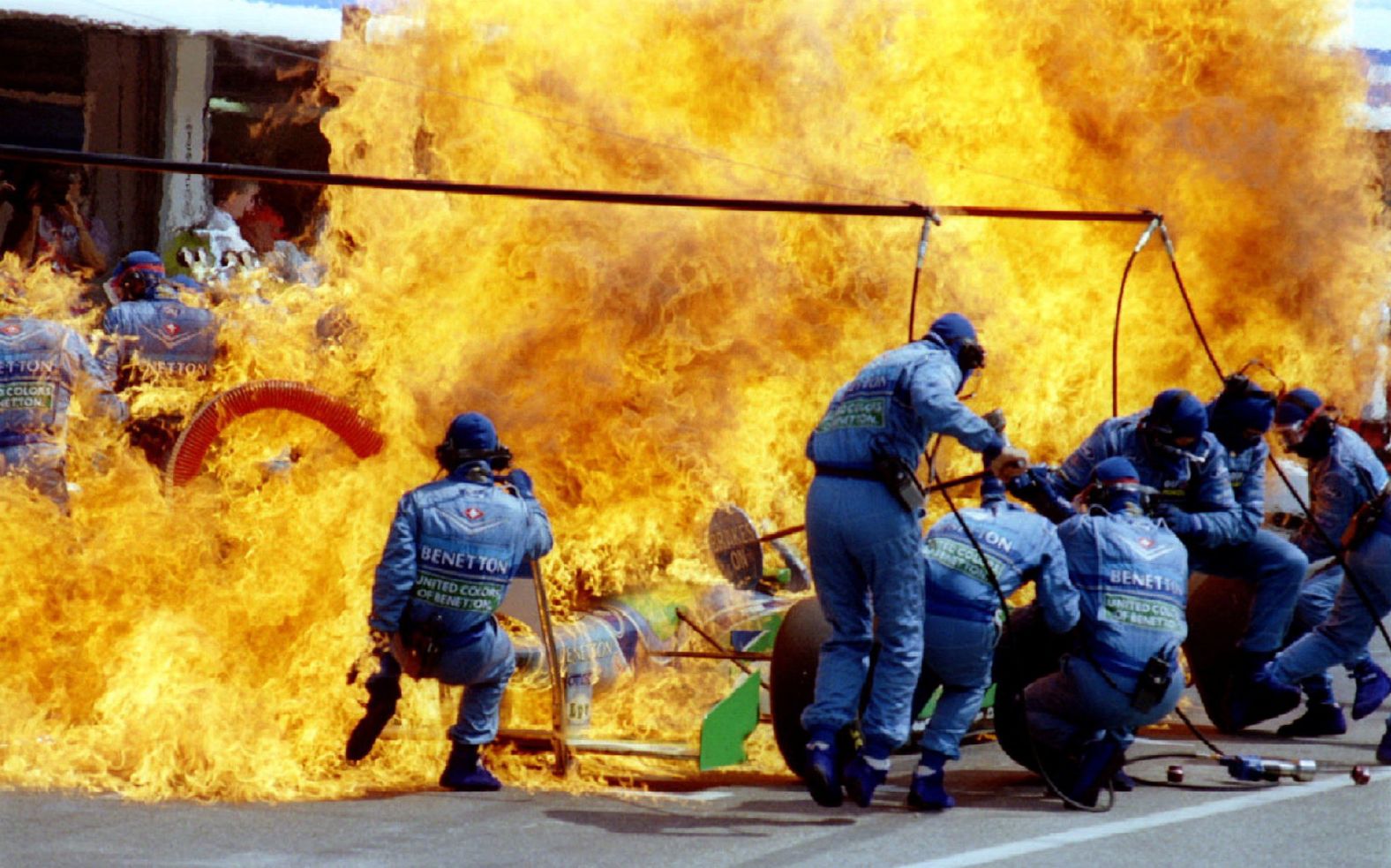 The Formula One car of Jos Verstappen goes up in flames during a pit stop at the German Grand Prix on July 31, 1994. “Petrol started spraying out of the filler hose, which had been incorrectly fitted, and the car caught fire. Within seconds, it was engulfed in a fireball,” recalled photographer Joachim Herrmann. “The scene horrified watching fans — but the blaze was put out quickly and Verstappen and the pit crew suffered only minor injuries.”