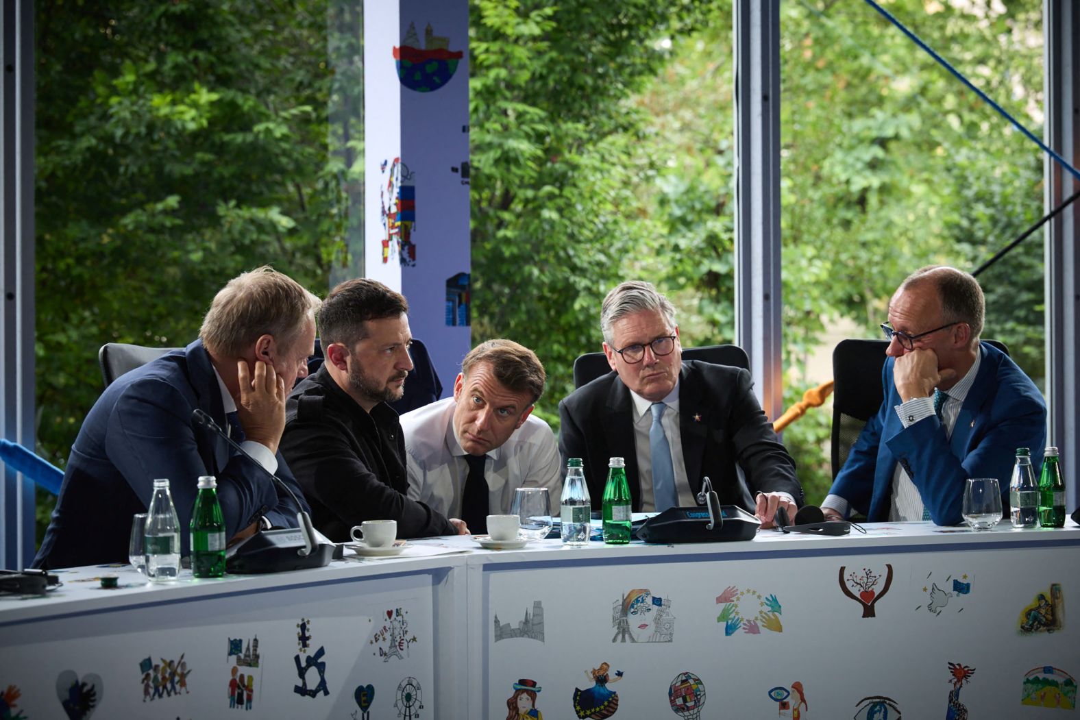 From left, Polish Prime Minister Donald Tusk, Ukrainian President Volodymyr Zelensky, French President Emmanuel Macron, British Prime Minister Keir Starmer and German Chancellor Friedrich Merz <a href="https://www.cnn.com/politics/live-news/trump-middle-east-news-05-16-25#cmaqu2v8p000i3b5tszkjeoui">speak to US President Donald Trump over the phone</a> during a summit in Tirana, Albania, on Friday, May 16. The <a href="https://www.cnn.com/world/live-news/russia-ukraine-peace-talks-intl-05-16-25">Russia-Ukraine talks in Istanbul </a>were the main topic of conversation, a spokesperson for Zelensky told CNN.