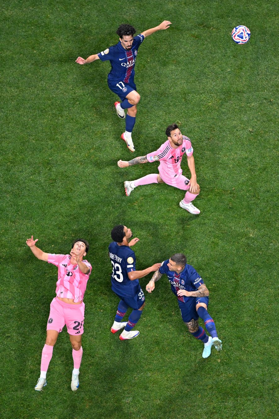 Players from Paris Saint-Germain and Inter Miami battle for possession during a Club World Cup match in Atlanta on Sunday, June 29. PSG won the match 4-0.