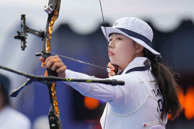 South Korea’s Lim Si-hyeon competes in archery on July 25.?<a  target="_blank">She shot a world and Olympic record 694</a>?in the individual ranking round.