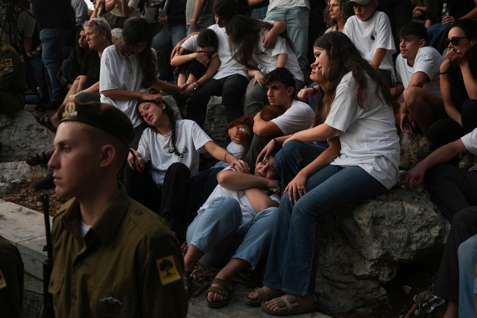 People react during eulogies for Israeli Capt. Itay Marcovich during his funeral in Kokhav Ya’ir, Israel, on Thursday, November 14. Marcovich was killed in action in Lebanon.