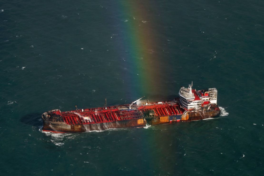 The damaged Stena Immaculate remains at anchor off England's northeast coast.