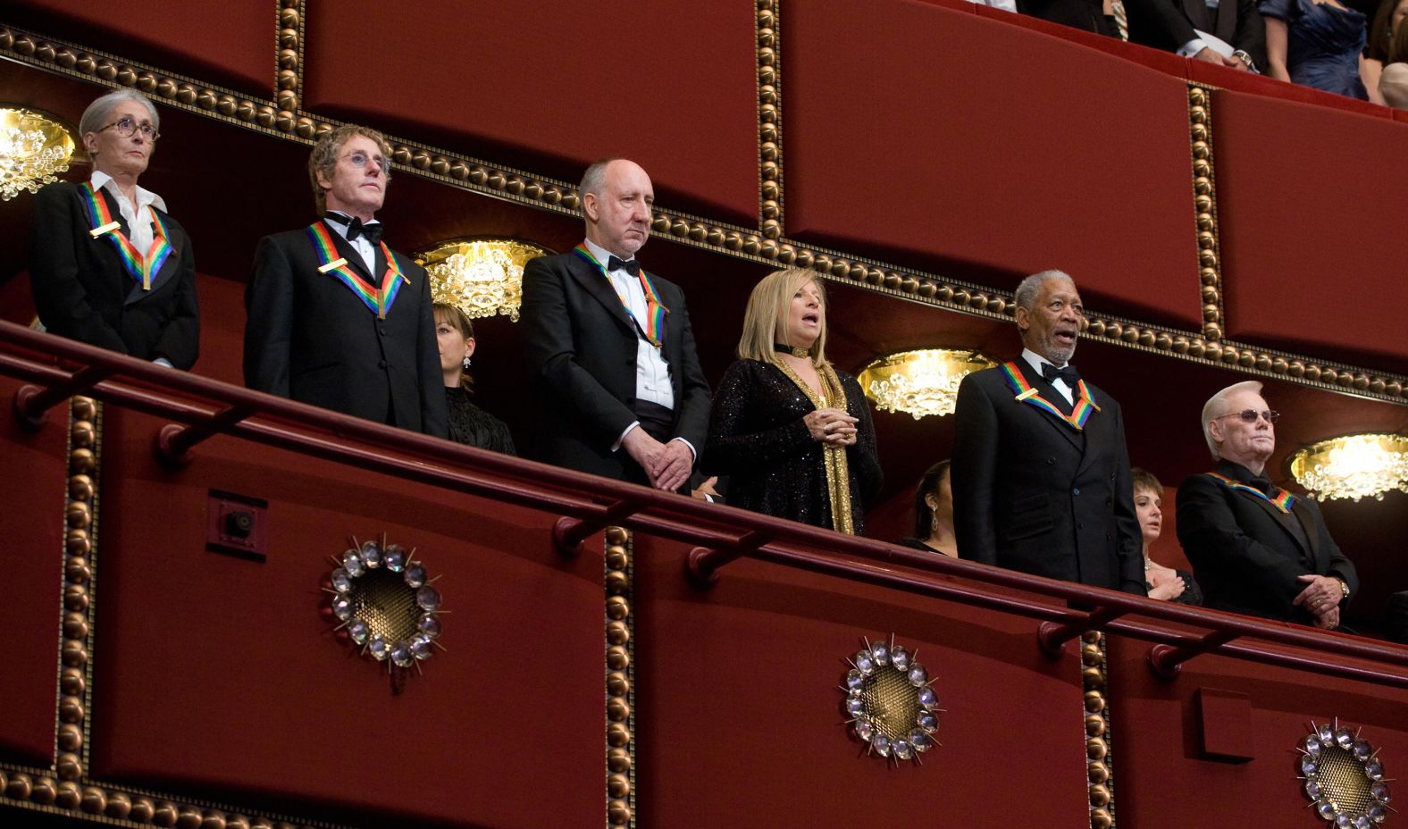Streisand stands alongside fellow Kennedy Center Honors award recipients in 2008. With her, from left, are choreographer Twyla Tharp, musicians Roger Daltrey and Pete Townshend of The Who, actor Morgan Freeman and singer George Jones.