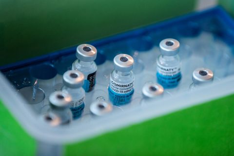 Vials of the Pfizer-BioNTech Covid-19 vaccine sit in a storage container at the Austin Hospital on March 17 in Melbourne, Australia.