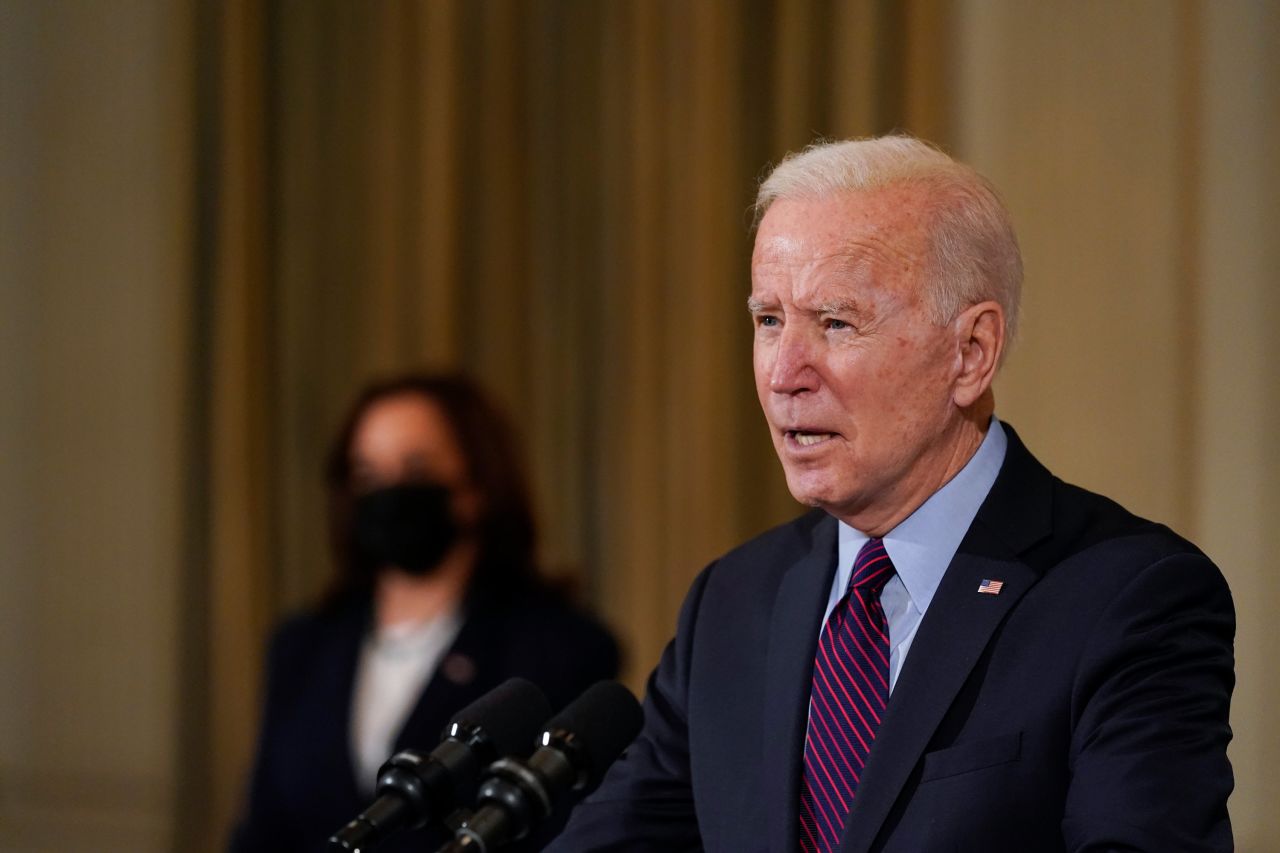 President Joe Biden speaks in the State Dinning Room of the White House on February 5 in Washington, DC.