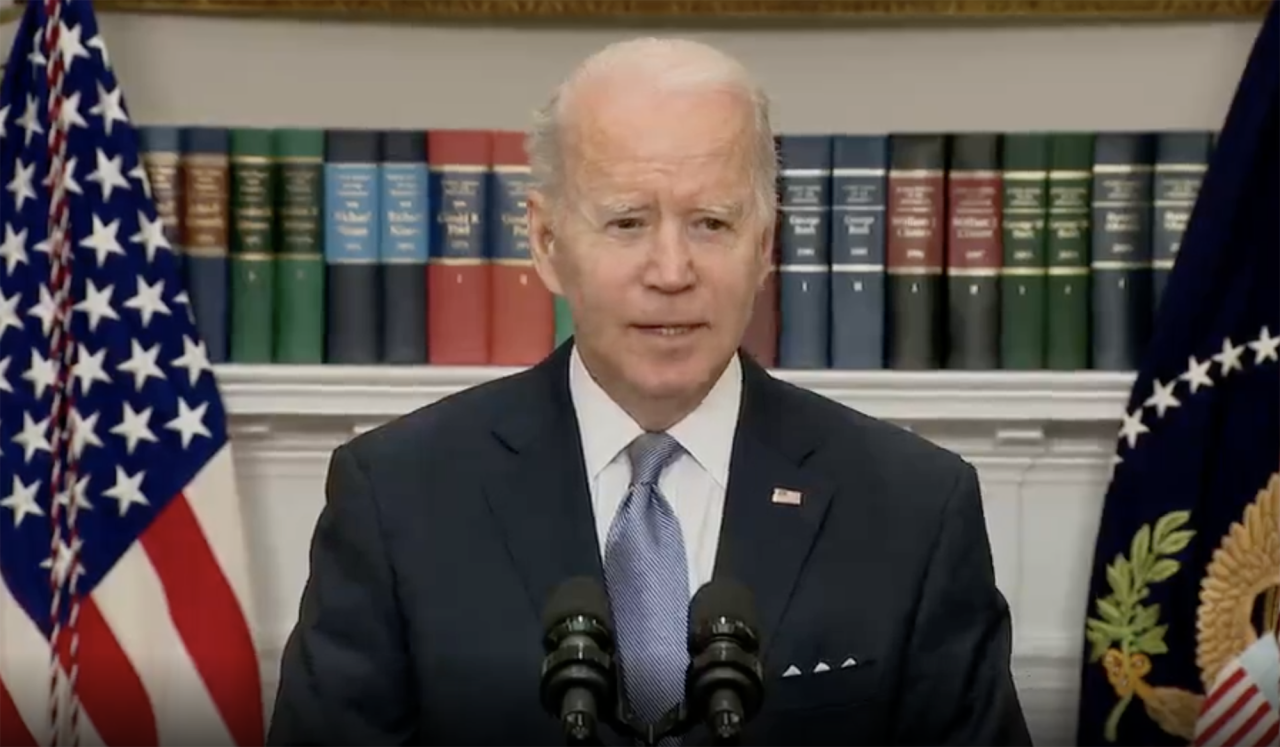 US President Joe Biden?speaking from the White House in Washington D.C on April 21