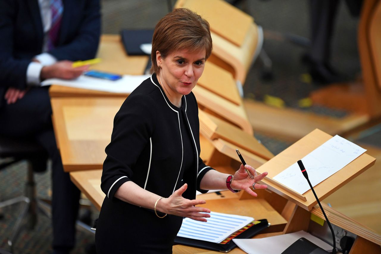 First Minister Nicola Sturgeon speaks during a session at the Scottish Parliament in Edinburgh, Scotland, on March 9.