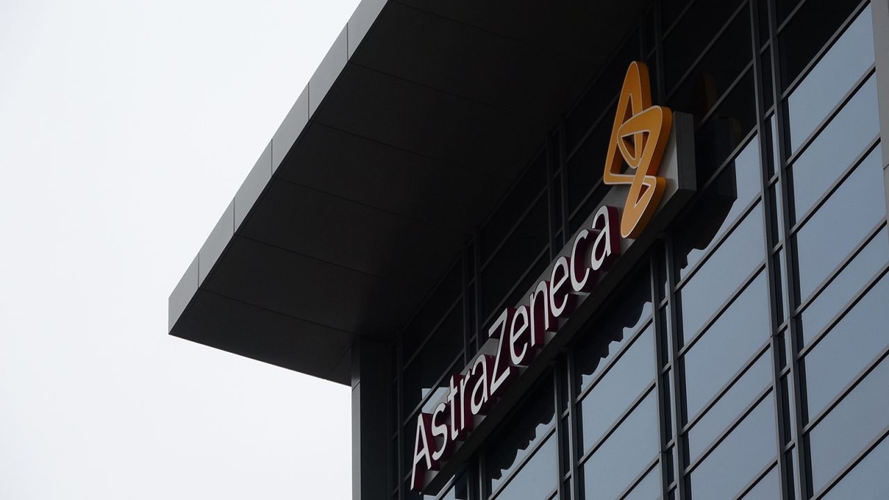 Facade with logo at office of pharmaceutical company AstaZeneca, in San Francisco, on April 11.