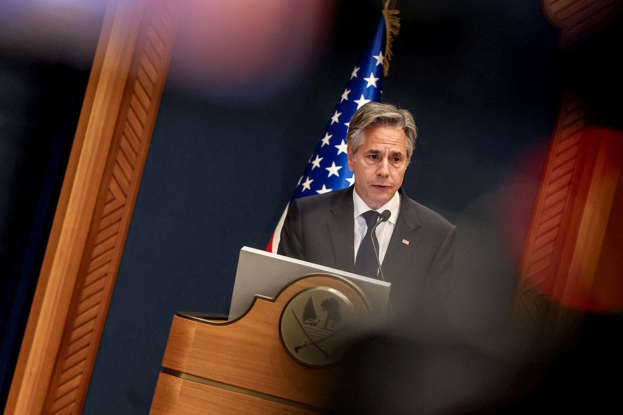 US Secretary of State Antony Blinken gives a joint press conference with his Qatari counterpart in Doha on June 12.