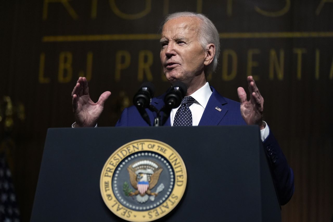 President Joe Biden speaks at an event commemorating the 60th Anniversary of the Civil Rights Act on July 29, at the LBJ Presidential Library in Austin, Texas. 