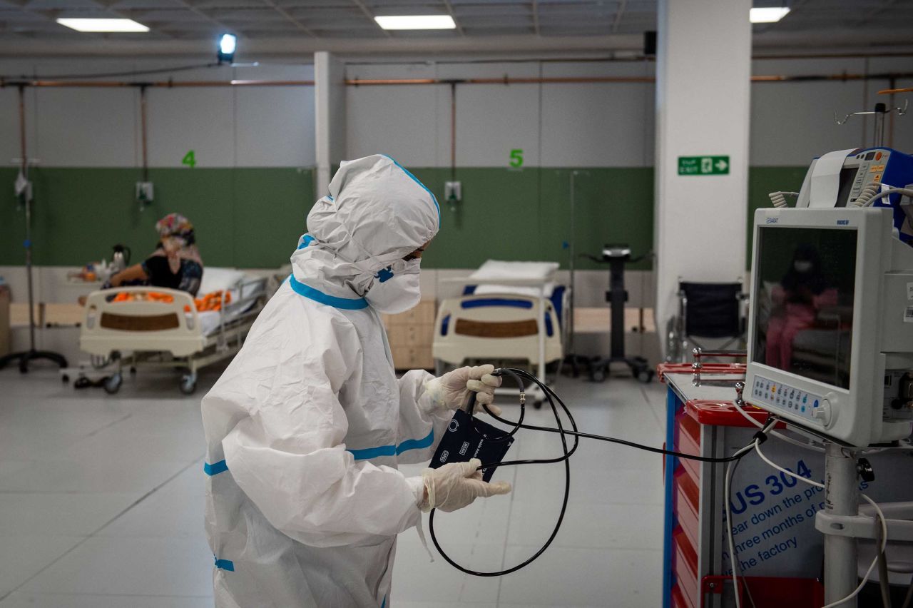 A medical worker prepares a monitoring machine at a hospital set up for coronavirus patients in the Iran Mall, in Tehran, Iran, on April 13.