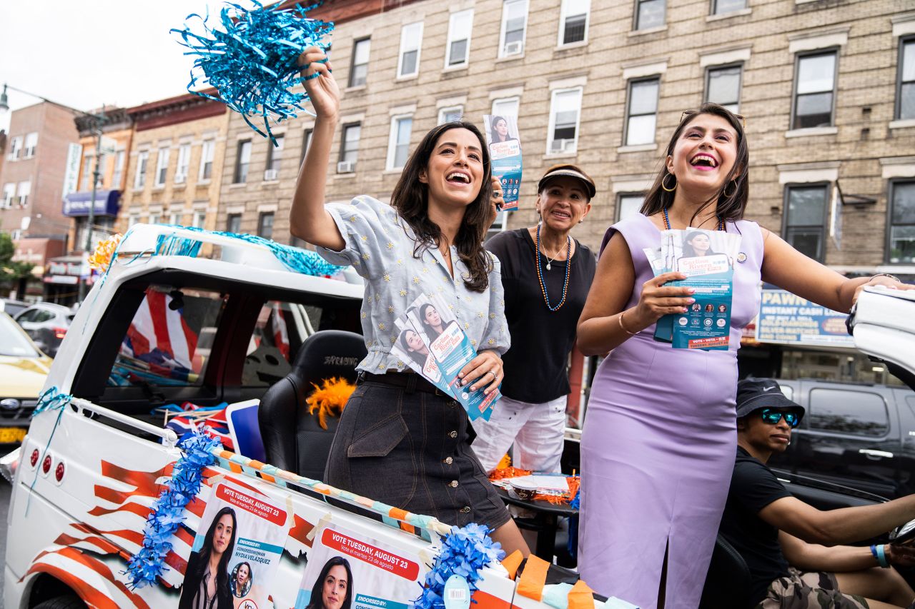 New York City Council Member Carlina Rivera, left, campaigns with Rep. Nydia Velázquez, center, and State Sen. Jessica Ramos, right, in the Sunset Park neighborhood of Brooklyn, New York, on August 21.