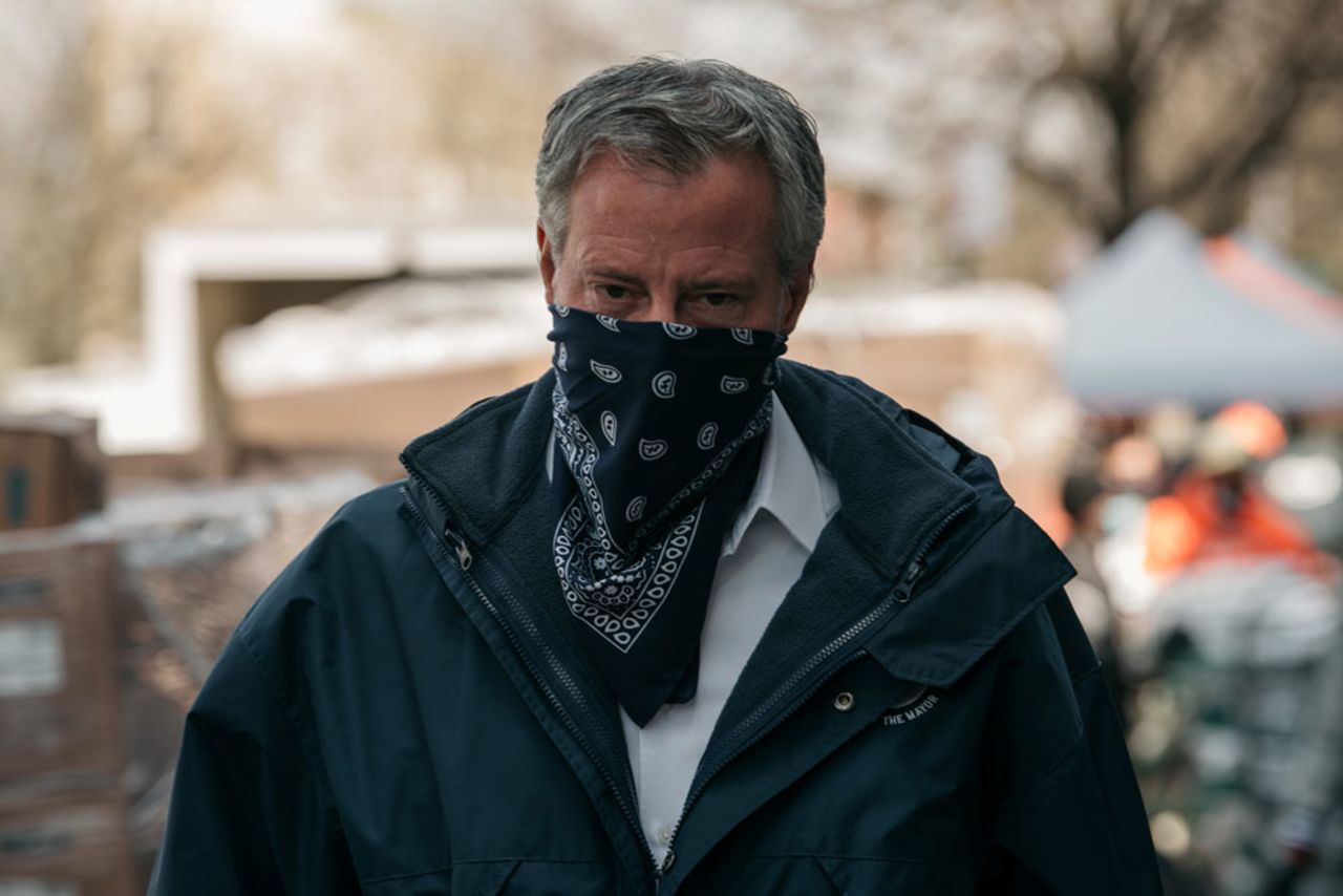 New York City Mayor Bill de Blasio speaks at a food shelf organized by The Campaign Against Hunger in Bed Stuy, Brooklyn on April 14, in New York City.